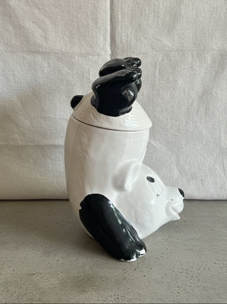 Vintage McCoy Pottery Panda Cookie Jar with playful panda design, perfect for kitchen decor and storage. hommes + gardens estudio.