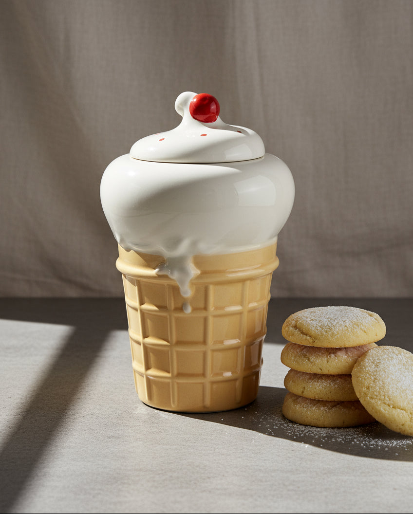 Vintage McCoy Ice Cream Cone Cookie Jar displayed next to cookies, showcasing delightful vintage kitchenware. hommes + gardens estudio.