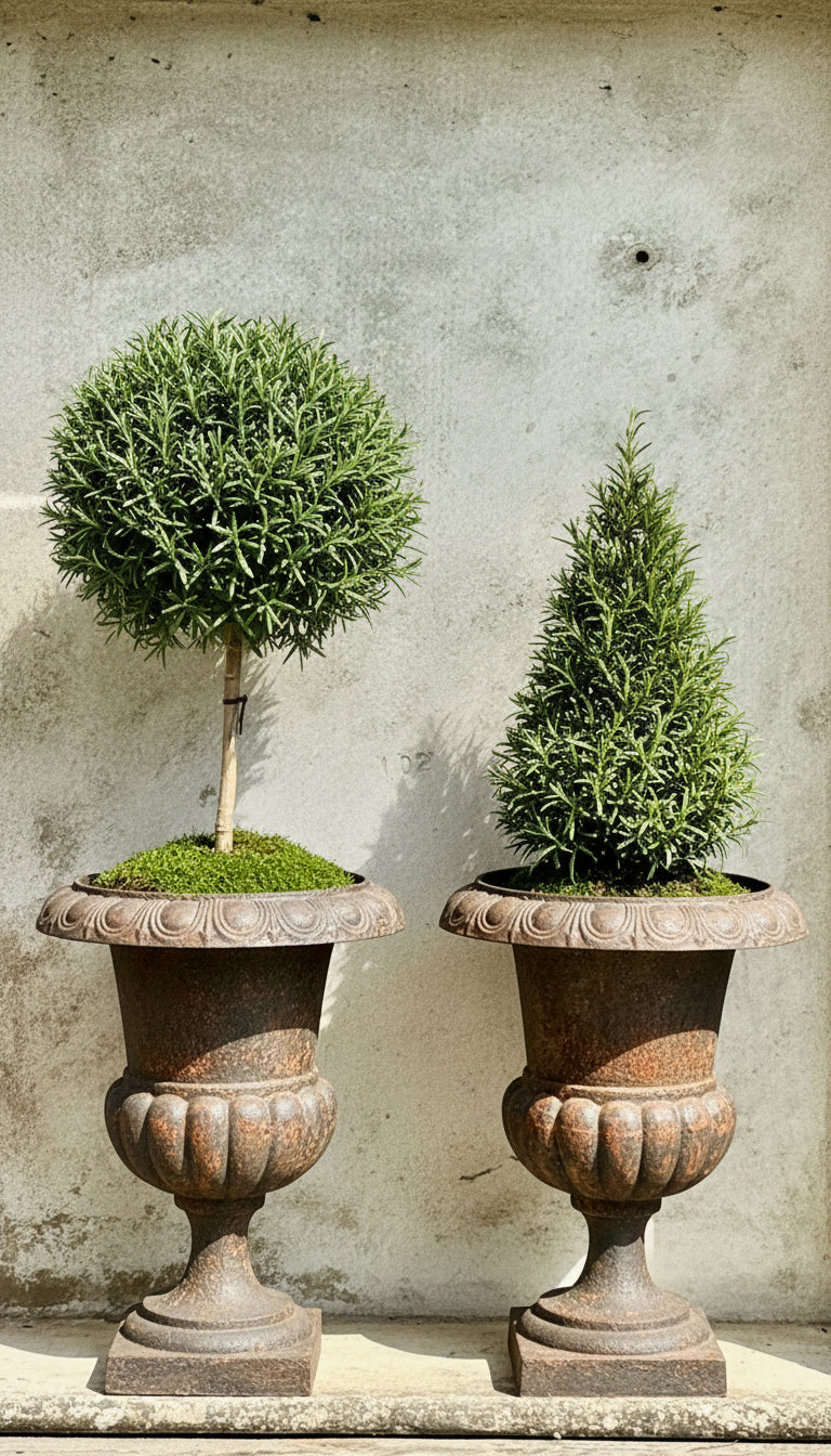 Set of two Mediterranean-style olive trees in vintage cast iron urns, blending natural greenery with classic elegance for garden or interior design — Hommes and Gardens, Plant Arrangements Collection, Landscape Architect, Interior Designer, Outdoor Living, Outdoor Decorations, Home Decor, Home Design, Luxury Design, Art, Furniture, Objects, Best Gifts, Nature, Backyard, Yard.