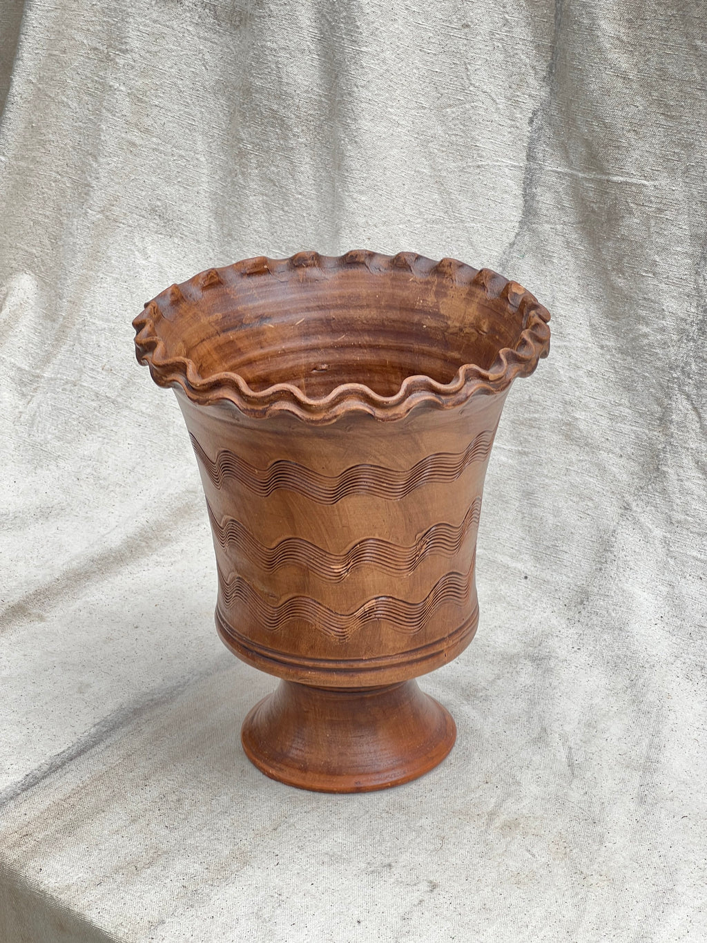 Vintage Mexican Scalloped Vase with engraved flowing water pattern, 11.5" H x 10" W, homens + gardens estudio.