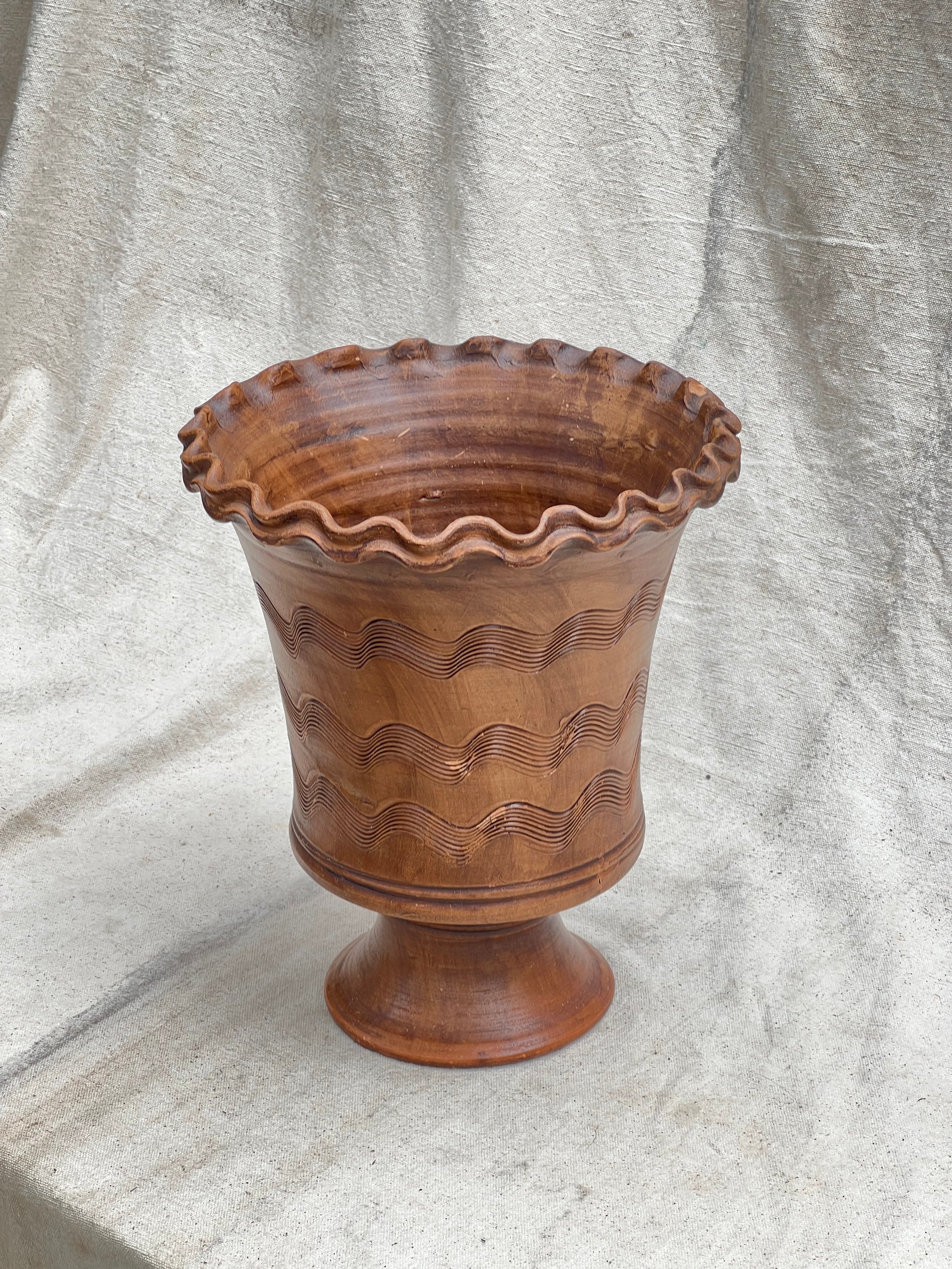 Vintage Mexican Scalloped Vase with engraved flowing water pattern, 11.5" H x 10" W, homens + gardens estudio.