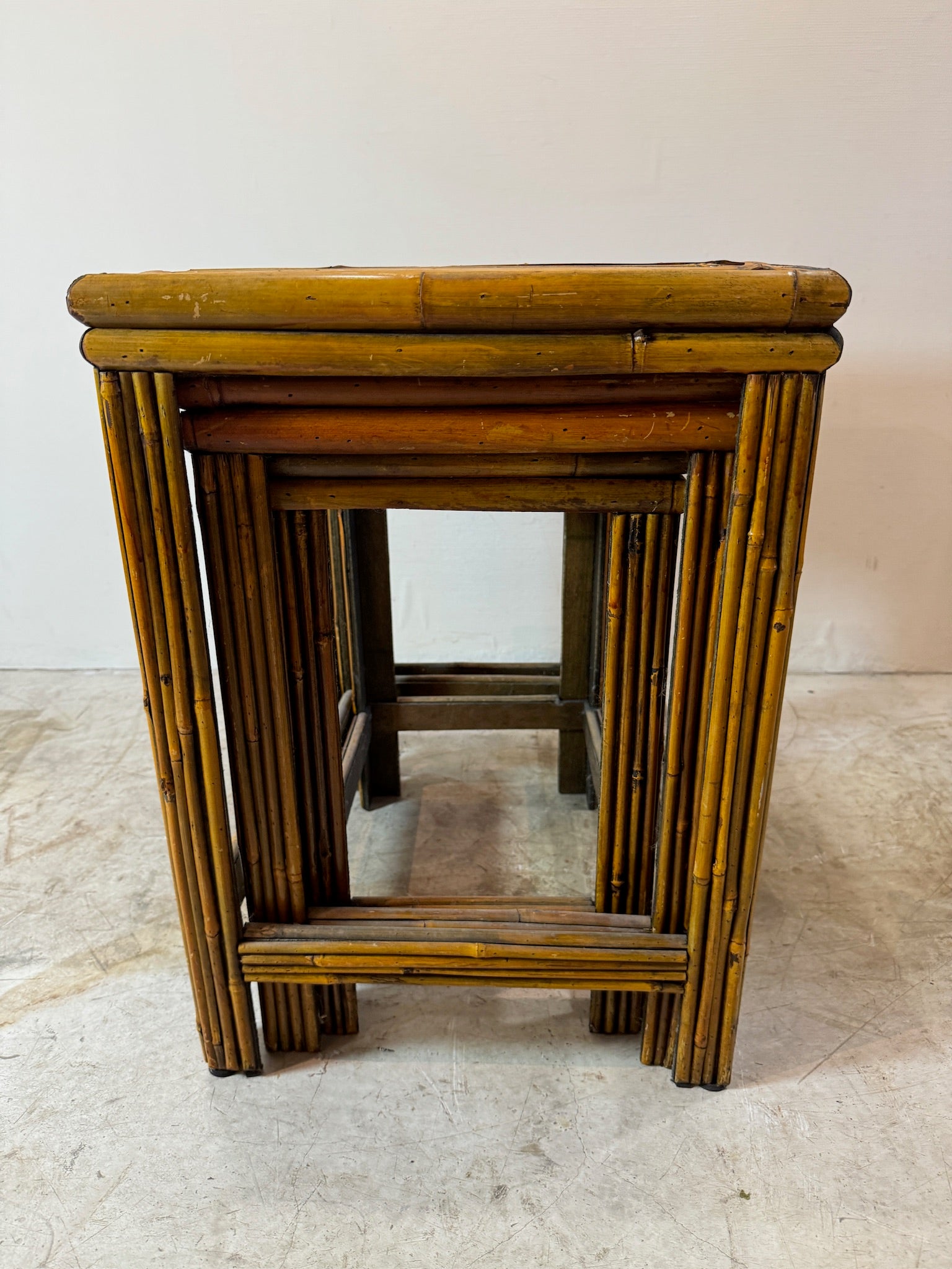 Mid-century bamboo and rattan nesting side tables with tropical boho charm, handwoven design and natural honey finish — Hommes and Gardens, Furniture Collection, Landscape Architect, Interior Designer, Outdoor Living, Art, Furniture, Objects, Best Gifts, Nature, Backyard, Yard, Outdoor Decorations, Home Decor, Home Design, Luxury Design.