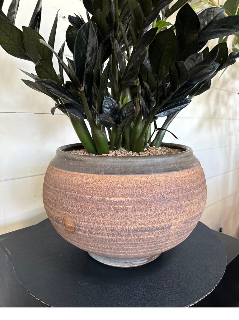 Mid-century ceramic planter by Bob Kinzie featuring ribbed texture, rich brown glaze, and dark rim handcrafted artistry — Hommes and Gardens, Pots + Vessels Collection, Landscape Architect, Interior Designer, Outdoor Living, Outdoor Decorations, Home Decor, Home Design, Luxury Design, Art, Furniture, Objects, Best Gifts, Nature, Backyard, Yard.