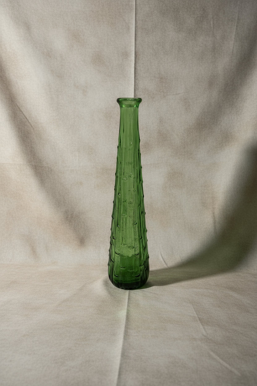 Mid-century Empoli green glass genie bottle decanter vase from Italy, featuring wax bark drip texture and tall tapered form — Hommes and Gardens, Pots + Vessels Collection, Landscape Architect, Interior Designer, Outdoor Living, Outdoor Decorations, Home Decor, Home Design, Luxury Design, Art, Furniture, Objects, Best Gifts, Nature, Backyard, Yard.