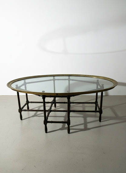 Mid-century faux bamboo brass and glass coffee table attributed to Baker Furniture, featuring an oval glass top, bamboo-form base, and Hollywood Regency style — Hommes and Gardens, Furniture Collection, Home Decor, Landscape Architect, Interior Designer, Outdoor Living, Outdoor Decorations, Home Design, Luxury Design, Art, Furniture, Objects, Best Gifts, Nature, Backyard, Yard.