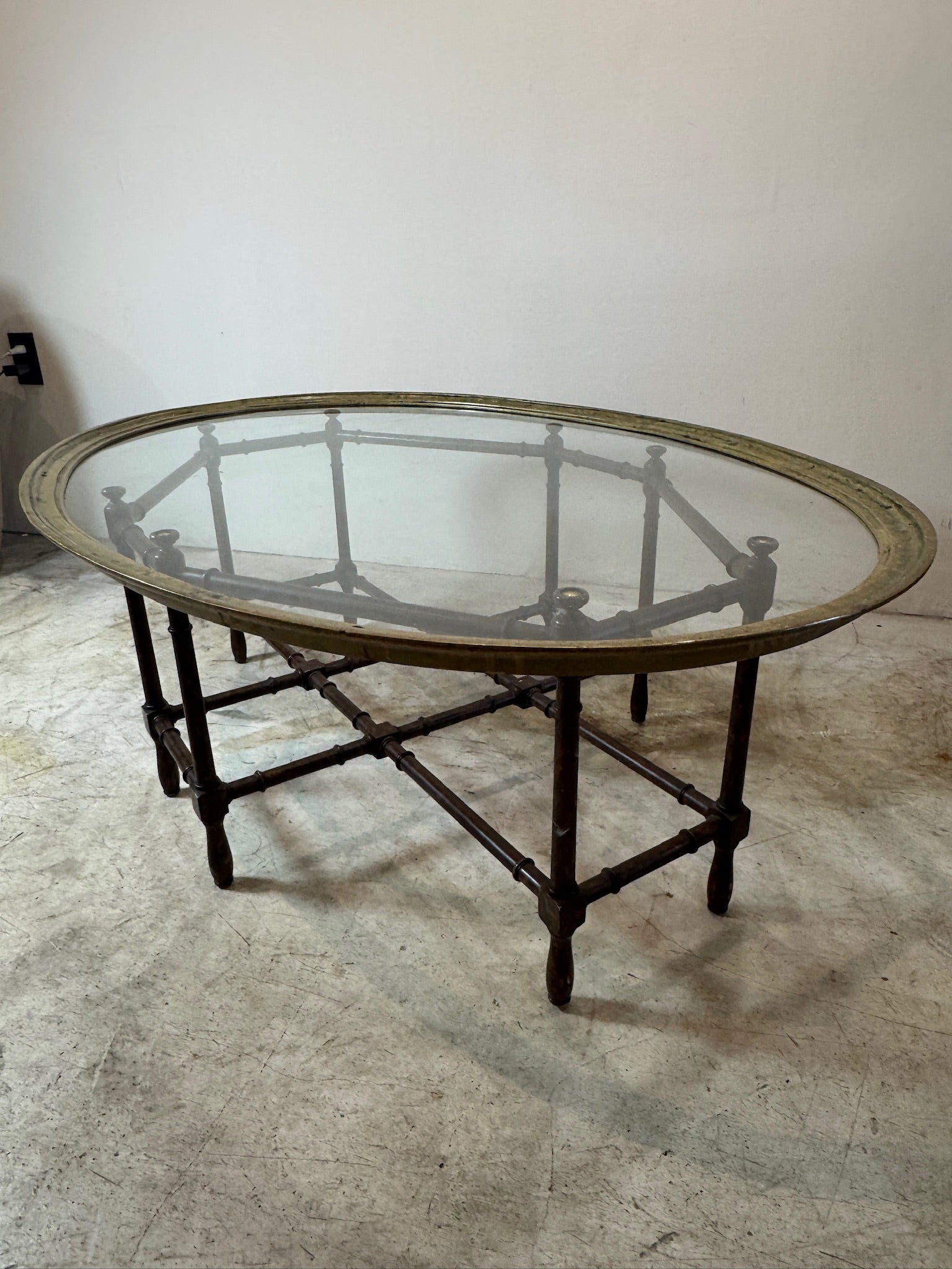 Mid-Century faux bamboo brass and glass coffee table attributed to Baker Furniture, oval glass top with lacquered bamboo-form base — Hommes and Gardens, Furniture Collection, Landscape Architect, Interior Designer, Outdoor Living, Art, Furniture, Objects, Best Gifts, Nature, Backyard, Yard, Outdoor Decorations, Home Decor, Home Design, Luxury Design.