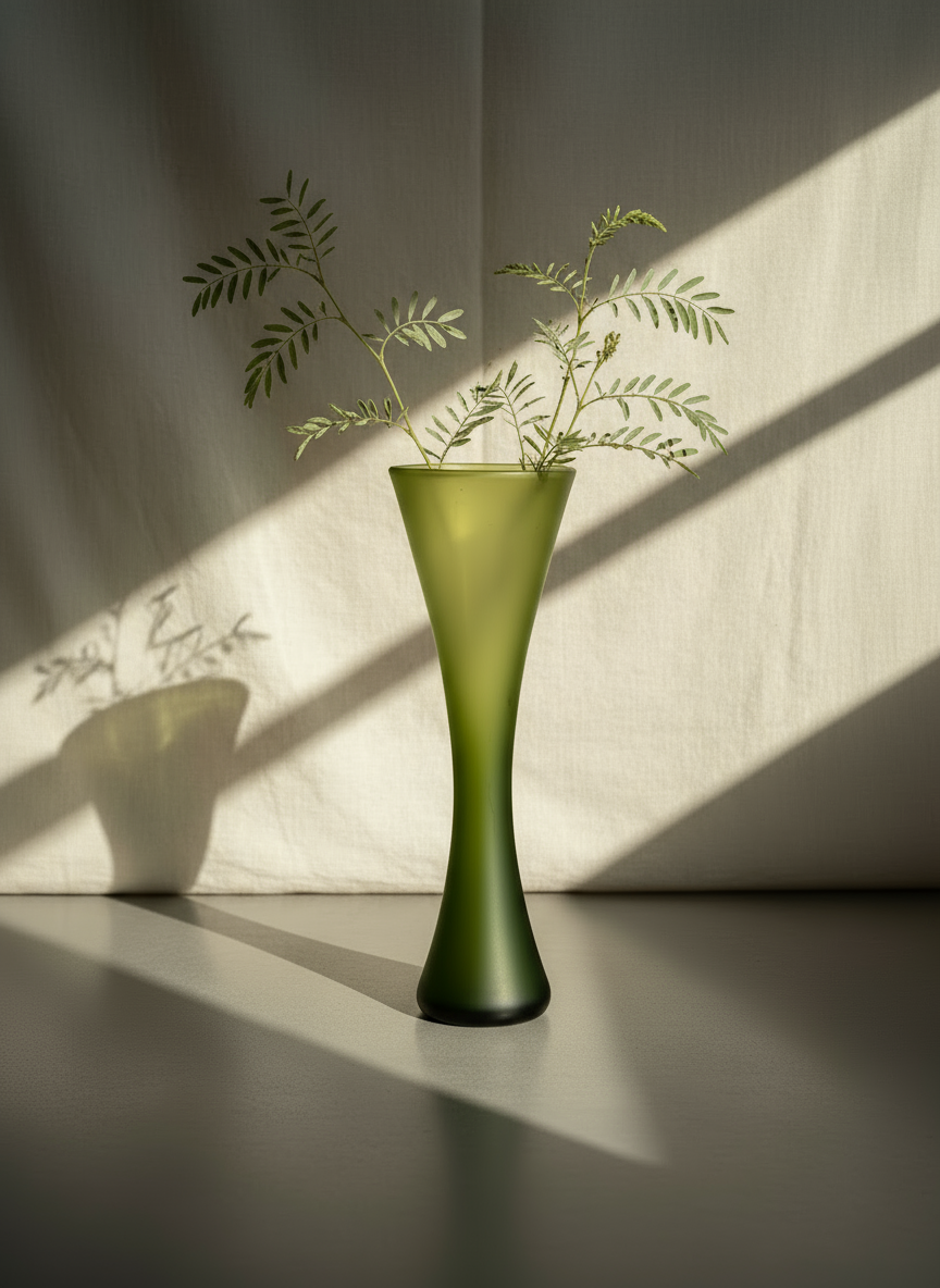 Mid-century hand-blown green glass vase with elegant organic form and translucent finish, a vintage art glass collectible — Hommes and Gardens, Pots & Vessels Collection, Home Decor, Outdoor Decorations, Landscape Architect, Interior Designer, Outdoor Living, Home Design, Luxury Design, Art, Furniture, Objects, Best Gifts, Nature, Backyard, Yard.