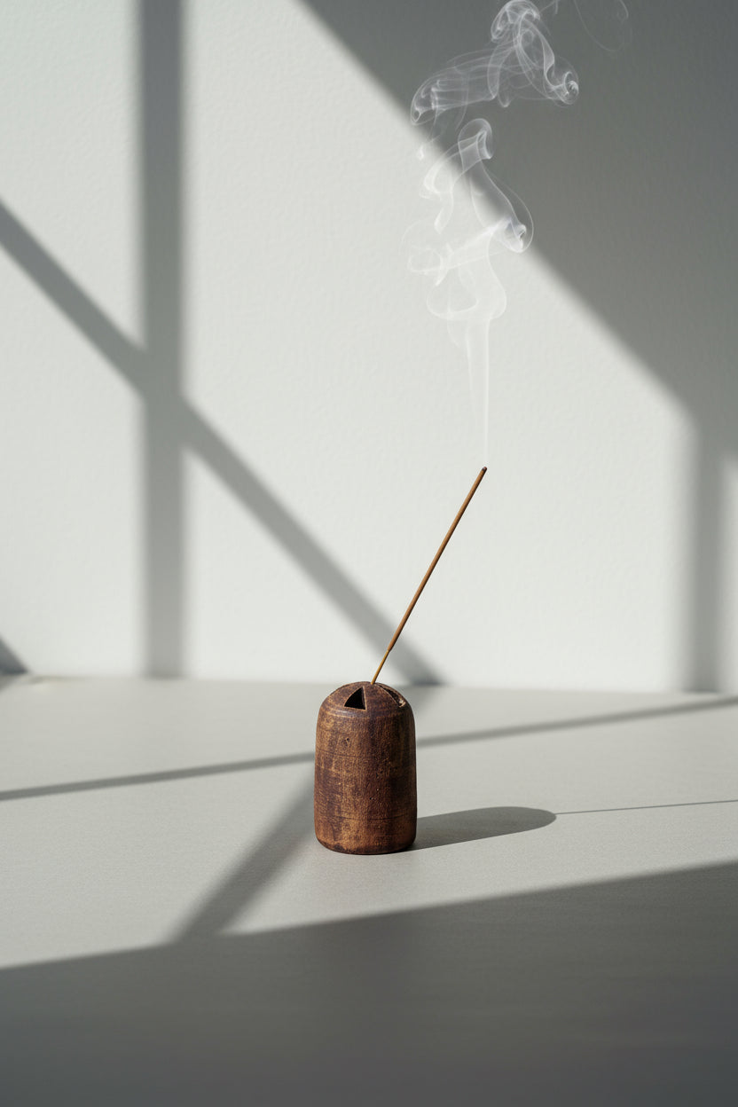 Mid-century incense holder in warm brown ceramic with weathered finish and triangular cutouts, reflecting classic vintage design — Hommes and Gardens, Smoke + Fire Collection, Landscape Architect, Interior Designer, Outdoor Living, Outdoor Decorations, Home Decor, Home Design, Luxury Design, Art, Furniture, Objects, Best Gifts, Nature, Backyard, Yard.