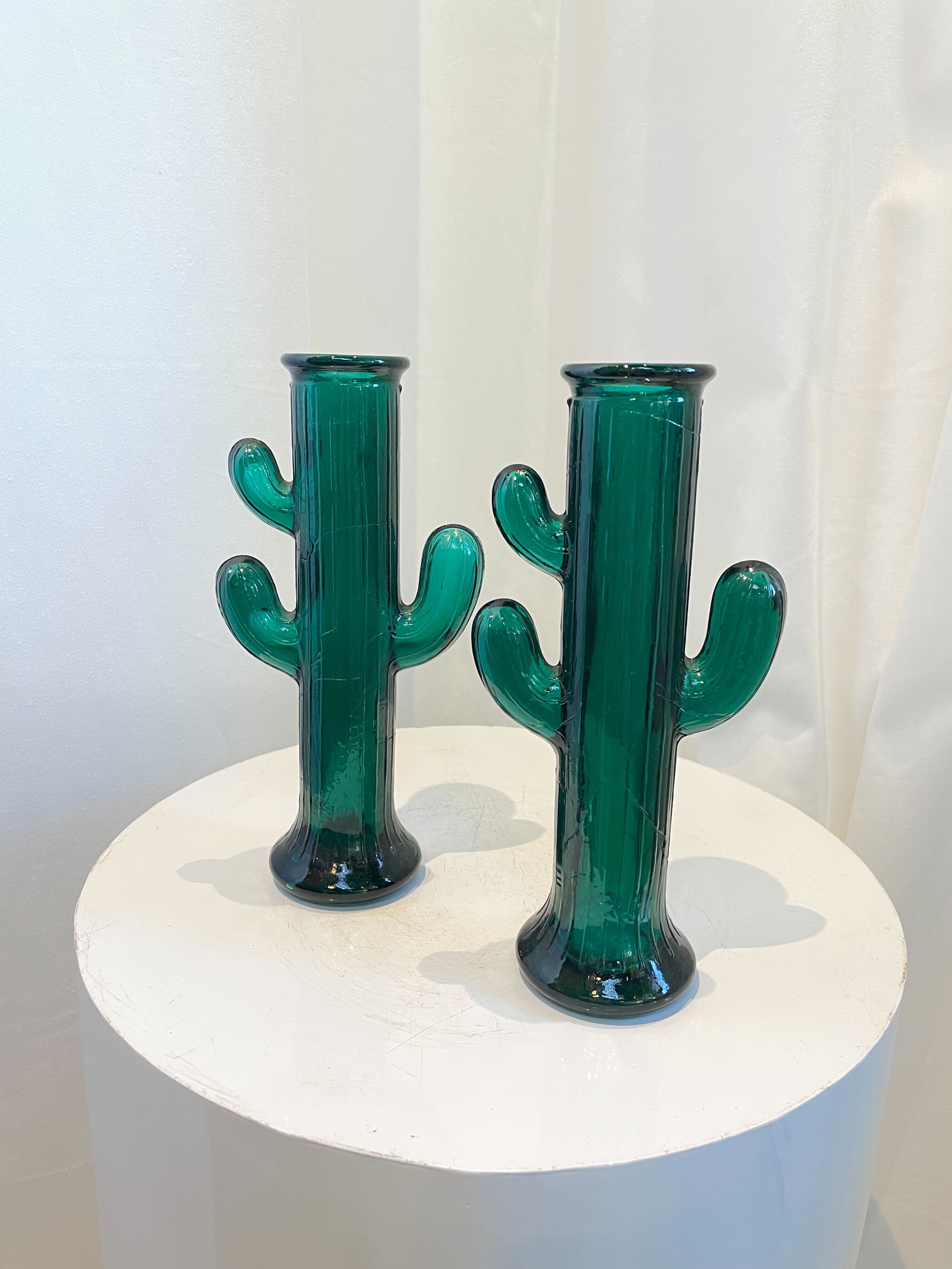 Mid-century Murano-style Italian green glass cactus vases, hand-crafted decorative pair capturing artistic desert-inspired design — Hommes and Gardens, Pots + Vessels Collection, Landscape Architect, Interior Designer, Outdoor Living, Outdoor Decorations, Home Decor, Home Design, Luxury Design, Art, Furniture, Objects, Best Gifts, Nature, Backyard, Yard.