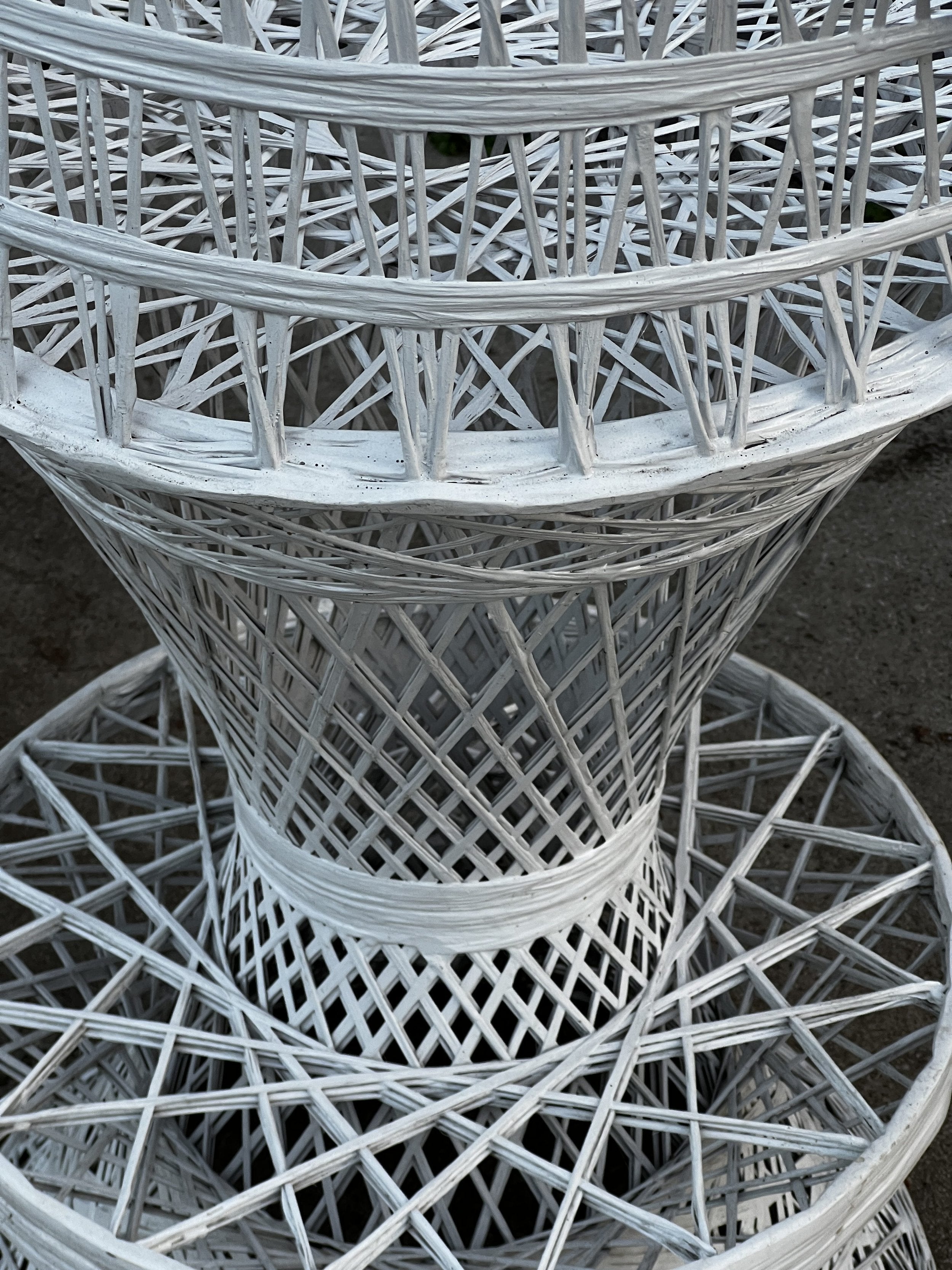 Close-up of the intricate white woven design of a Pair of Russell Woodard Spun Fiberglass Bar Stools. hommes + gardens estudio.