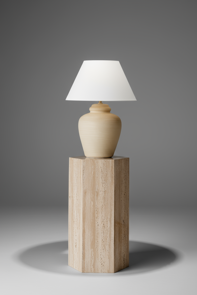 Vintage Plaster Lamp on a wooden pedestal, featuring a neutral color and textured pattern for versatile decor. hommes + gardens estudio.