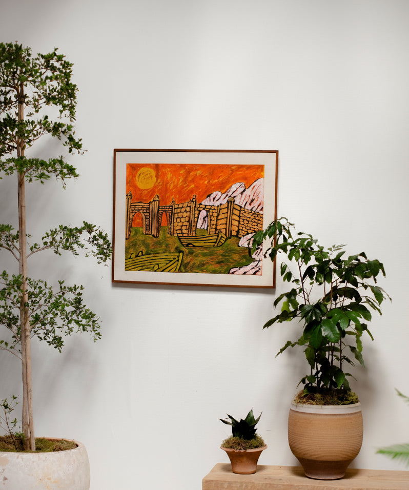 Modernist abstract landscape by Lionel Kalish, 1960s mixed media on paper with vibrant color palette and illustrative precision — Hommes and Gardens, Wallscape Collection, Paintings, Mid-Century Modern Art, Vintage Decor, Lionel Kalish, Graphic Art, Collectible Painting, Artistic Home Accent.