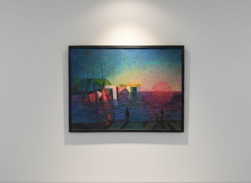 Oil painting on canvas unsigned, believed to be Constantine Cherkas depicting a sunset seascape, hommes + gardens estudio.