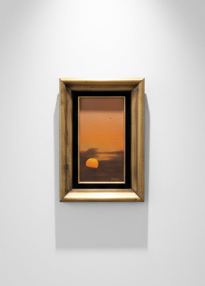 Oil sunset painting on canvas signed by artist Rikki, elegantly framed in gold, capturing warm hues and tranquil beauty — Hommes and Gardens, Wallscape Collection, Landscape Architect, Interior Designer, Outdoor Living, Outdoor Decorations, Home Decor, Home Design, Luxury Design, Art, Furniture, Objects, Best Gifts, Nature, Backyard, Yard.