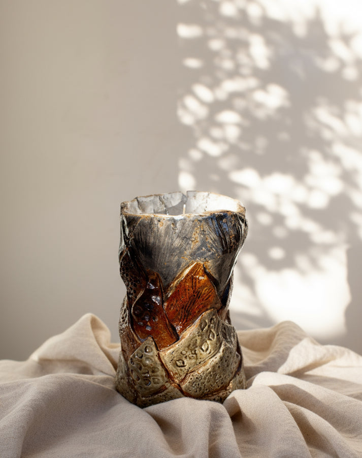 Tall Vintage Ceramic “Orchard” Scented Candle — One of One displayed on a soft fabric background. hommes + gardens estudio.