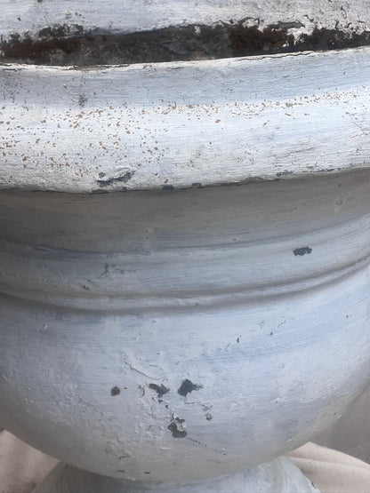 Oversized Willy Guhl white urn with vintage patina, a 21-inch Swiss mid-century planter ideal for outdoor or architectural home decor — Hommes and Gardens, Pots and Vessels Collection, Planters, Designer Decor, Garden Vessels, Mid Century Modern, Vintage Concrete, Outdoor Living, Architectural Accent, Collectible Design.
