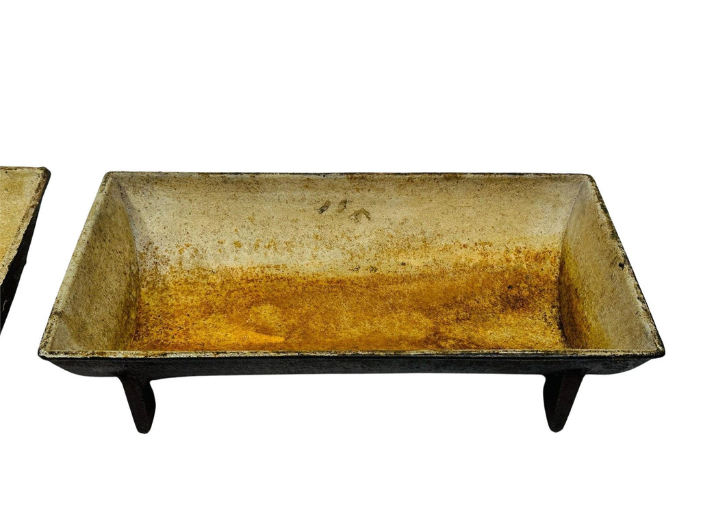 Pair of antique cast iron industrial troughs with firebrick lining, showcasing authentic patina and solid iron construction, ideal as rustic planters or decor — Hommes and Gardens, POTS + PLANTERS Collection, Landscape Architect, Interior Designer, Outdoor Living, Art, Furniture, Objects, Best Gifts, Nature, Backyard, Yard, Outdoor Decorations, Home Decor, Home Design, Luxury Design.