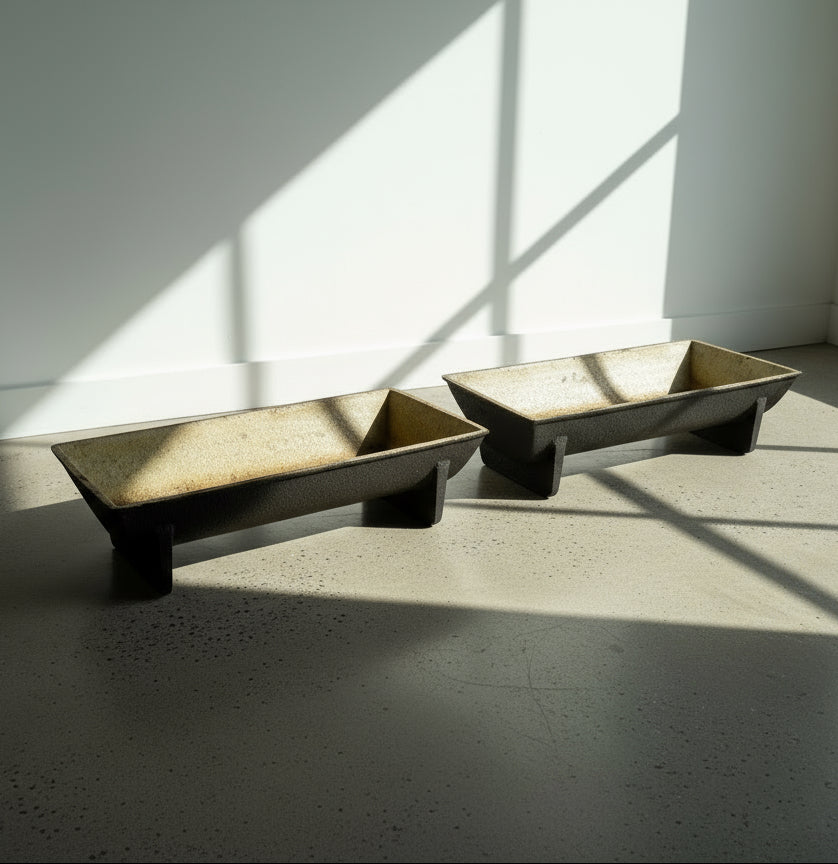 Pair of antique cast iron industrial troughs with firebrick-lined interiors, aged rust patina, and sturdy legs, perfect as rustic garden planters or industrial farmhouse décor — Hommes and Gardens, Pots + Vessels Collection, Home Decor, Landscape Architect, Interior Designer, Outdoor Living, Outdoor Decorations, Home Design, Luxury Design, Art, Furniture, Objects, Best Gifts, Nature, Backyard, Yard.