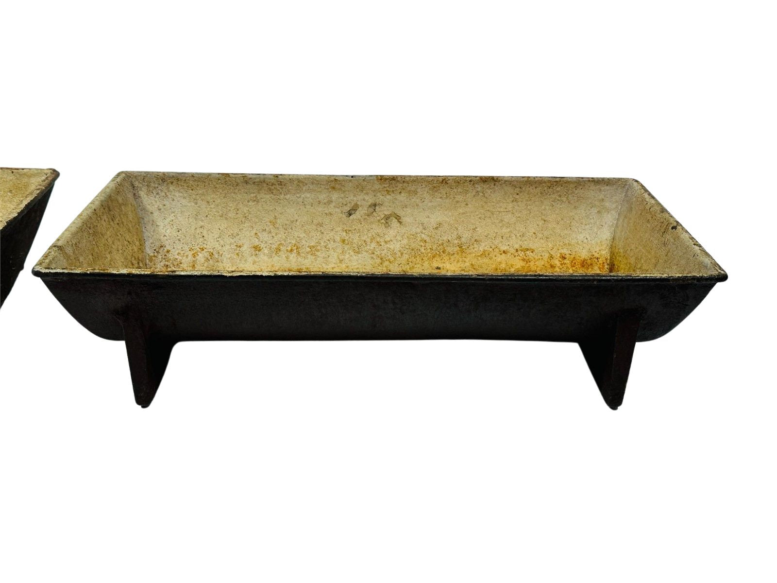 Pair of antique cast iron troughs with firebrick inlay, showcasing weathered industrial charm, ideal as vintage garden planters or farmhouse design accents — Hommes and Gardens, POTS + PLANTERS Collection, Landscape Architect, Interior Designer, Outdoor Living, Art, Furniture, Objects, Best Gifts, Nature, Backyard, Yard, Outdoor Decorations, Home Decor, Home Design, Luxury Design.