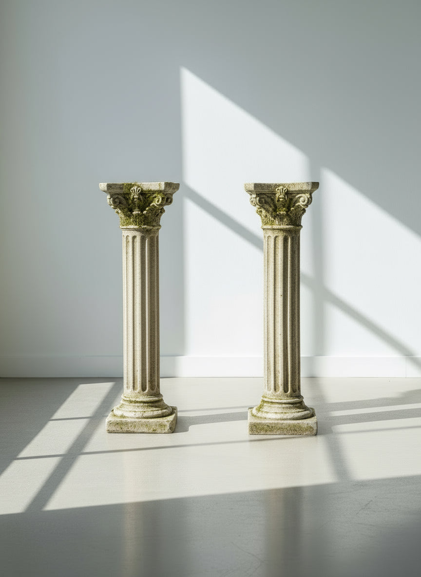 Pair of grand Corinthian-style fluted concrete columns with ornate capitals and aged patina, perfect as garden pedestals or architectural statement pieces — Hommes and Gardens, Decorative Collection, Home Decor, Landscape Architect, Interior Designer, Outdoor Living, Outdoor Decorations, Home Design, Luxury Design, Art, Furniture, Objects, Best Gifts, Nature, Backyard, Yard.