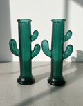 Pair of mid-century Italian green glass cactus vases in Murano style, hand-blown with sculpted organic arms and elegant vintage charm — Hommes and Gardens, Pots + Vessels Collection, Landscape Architect, Interior Designer, Outdoor Living, Outdoor Decorations, Home Decor, Home Design, Luxury Design, Art, Furniture, Objects, Best Gifts, Nature, Backyard, Yard.