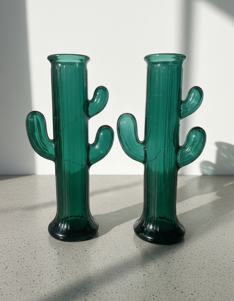 Pair of mid-century Italian green glass cactus vases in Murano style, hand-blown with sculpted organic arms and elegant vintage charm — Hommes and Gardens, Pots + Vessels Collection, Landscape Architect, Interior Designer, Outdoor Living, Outdoor Decorations, Home Decor, Home Design, Luxury Design, Art, Furniture, Objects, Best Gifts, Nature, Backyard, Yard.