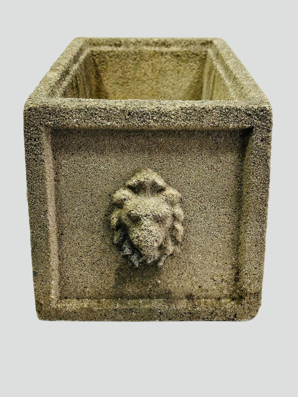 Pair of vintage concrete lion head planters, rectangular garden pots with aged patina and regal lion motifs — Hommes and Gardens, POTS + PLANTERS Collection, Landscape Architect, Interior Designer, Outdoor Living, Art, Furniture, Objects, Best Gifts, Nature, Backyard, Yard, Outdoor Decorations, Home Decor, Home Design, Luxury Design.