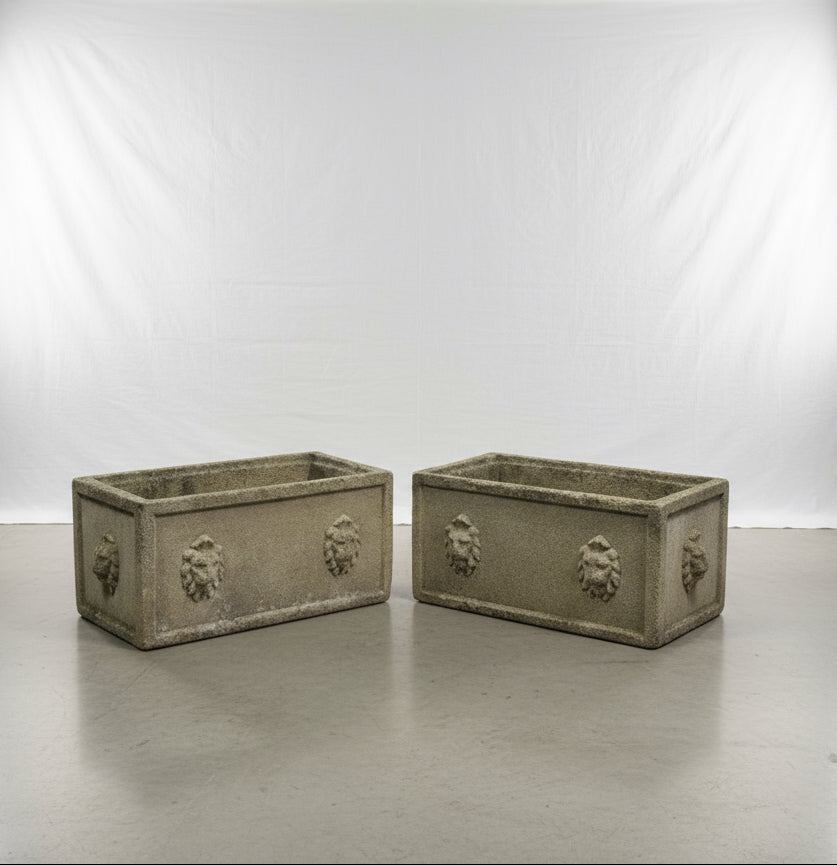 Pair of vintage concrete lion head planters with classic sculpted motifs, natural weathered patina, and drainage holes, a timeless statement for gardens or courtyards — Hommes and Gardens, Pots + Vessels Collection, Home Decor, Landscape Architect, Interior Designer, Outdoor Living, Outdoor Decorations, Home Design, Luxury Design, Art, Furniture, Objects, Best Gifts, Nature, Backyard, Yard.