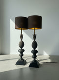 Pair of vintage metal pineapple table lamps in ornate neoclassical style with sculptural cast zinc design and black drum shades, restored and rewired for modern use — Hommes and Gardens, Lights + Lanterns Collection, Home Decor, Landscape Architect, Interior Designer, Outdoor Living, Outdoor Decorations, Home Design, Luxury Design, Art, Furniture, Objects, Best Gifts, Nature, Backyard, Yard.