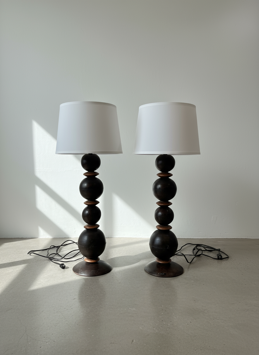 Pair of vintage metal table lamps with sleek white drum shades, featuring classic mid-century styling and warm ambient lighting — Hommes and Gardens, Lights + Lanterns Collection, Home Decor, Landscape Architect, Interior Designer, Outdoor Living, Outdoor Decorations, Home Design, Luxury Design, Art, Furniture, Objects, Best Gifts, Nature, Backyard, Yard.