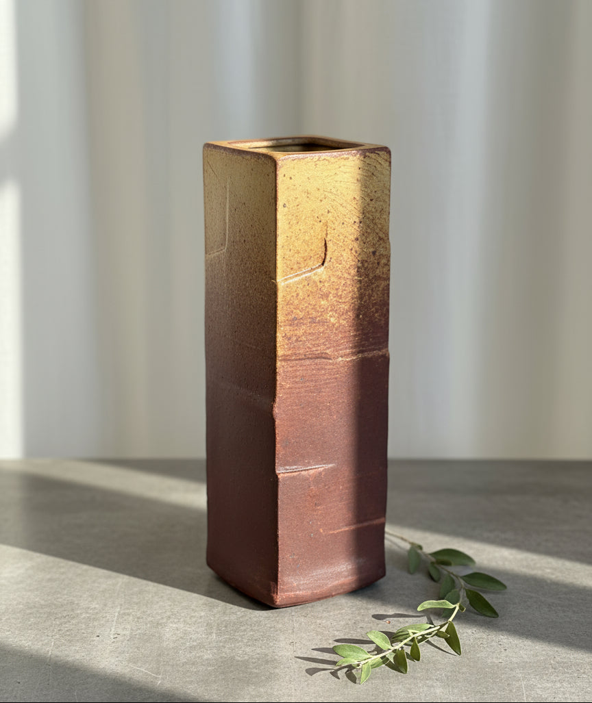 Patrick Horsley signed tall studio pottery vase featuring earthy textured glaze in ochre, rust, and brown tones, handcrafted modernist ceramic art inspired by Southwestern landscapes — Hommes and Gardens, Vases + Vessels Collection, Landscape Architect, Interior Designer, Outdoor Living, Art, Furniture, Objects, Best Gifts, Nature, Backyard, Yard, Outdoor Decorations, Home Decor, Home Design, Luxury Design.