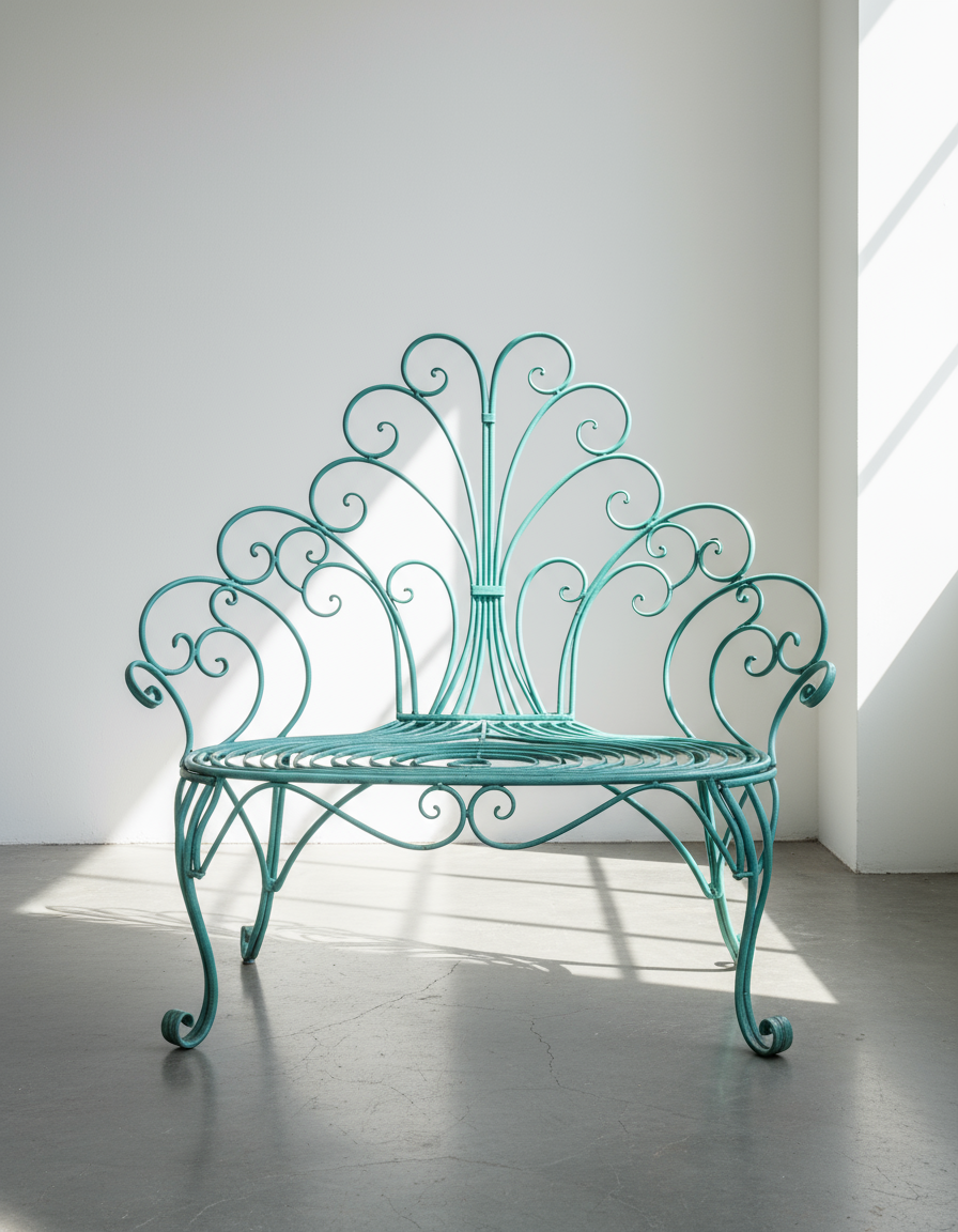 Whimsical Vintage Wrought Iron Peacock Garden Bench – Ornate Scrollwork, showcasing elegant design and craftsmanship. hommes + gardens estudio.