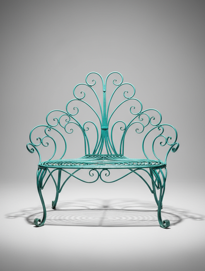 Whimsical vintage wrought iron peacock garden bench with ornate scrollwork and aged teal patina, sculptural outdoor seating design — Hommes and Gardens, Furniture Collection, landscape design, plant design, Landscape Architect, Interior Designer, Outdoor Living, Outdoor Decorations, Home Design, Luxury Design, Art, Furniture, Objects, Best Gifts, Nature, Backyard, Yard.