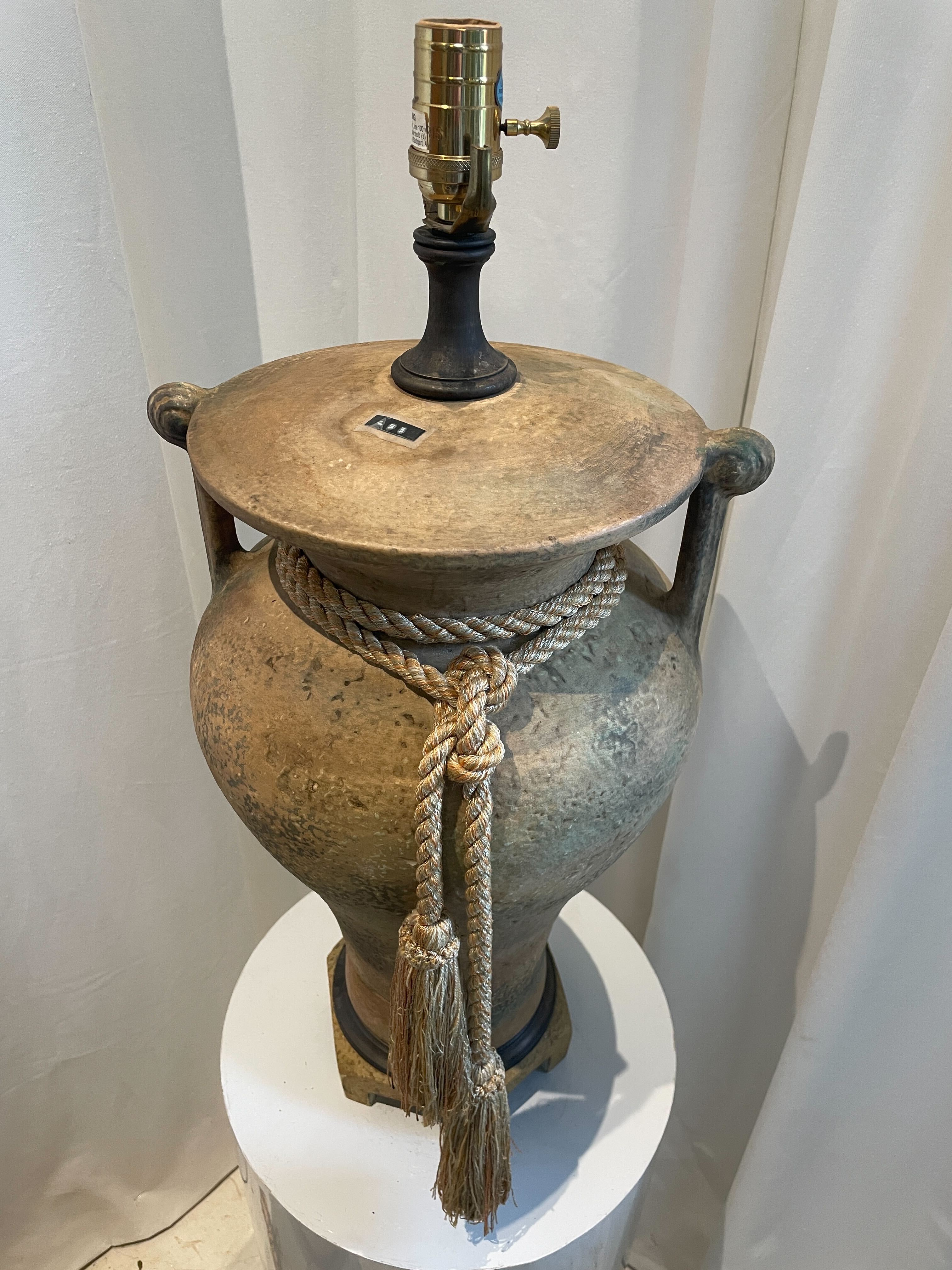 Pair of Vintage Porcelain Chinoiserie Beige Ginger Jar Table Lamps - elegant ceramic with patina and rope detail, hommes + gardens estudio.