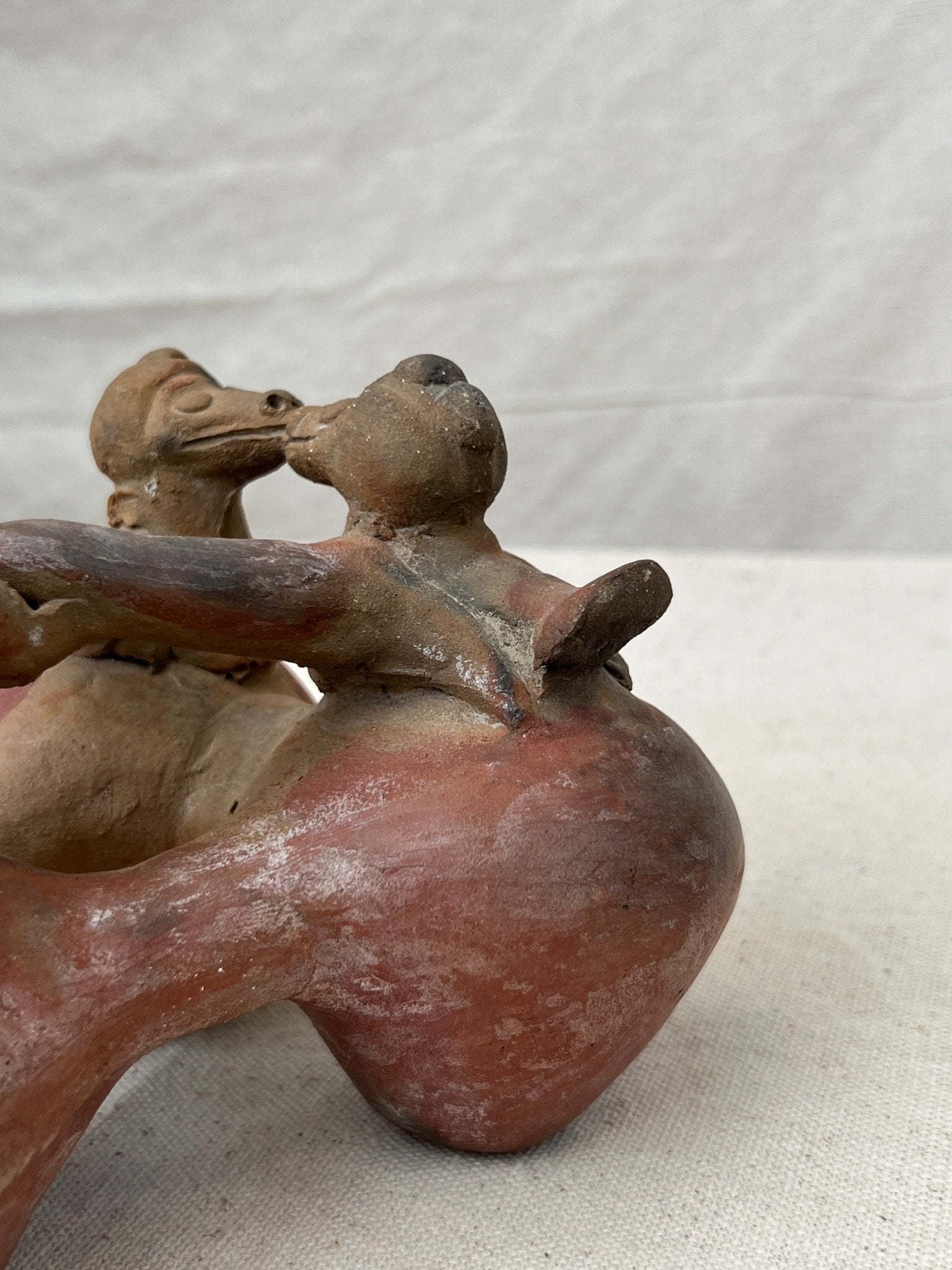 Rare Pre Columbian Terracotta Chimu Vessel Pottery featuring two figures, showcasing ancient artistry. hommes + gardens estudio.