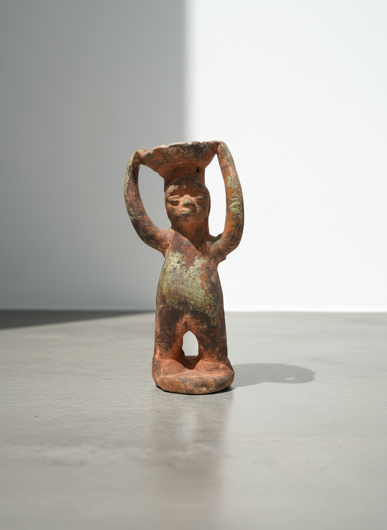 Pre-Columbian Style Terracotta Ritual Figure With Raised Arms, handcrafted Mesoamerican sculpture, hommes + gardens estudio.