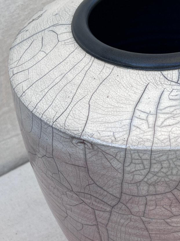 Raku crackle glaze large handmade pottery vase with artist signature, unique statement vessel for refined art and décor enthusiasts — Hommes and Gardens, Vases + Vessels Collection, Landscape Architect, Interior Designer, Outdoor Living, Art, Furniture, Objects, Best Gifts, Nature, Backyard, Yard, Outdoor Decorations, Home Decor, Home Design, Luxury Design.