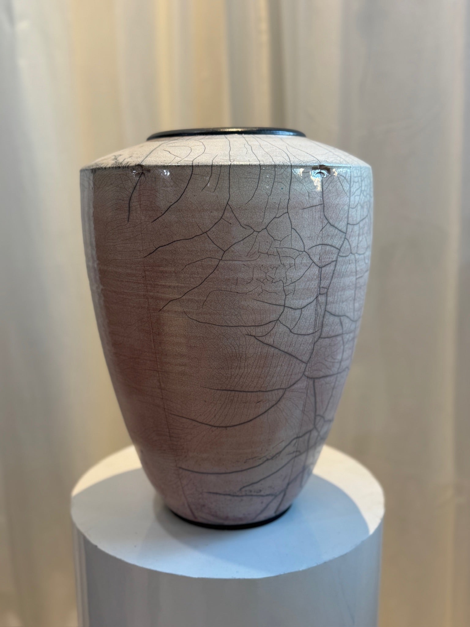 Raku pottery large handcrafted vase with signature crackle glaze finish, signed by the artist, an impressive statement piece for artful interiors — Hommes and Gardens, Vases + Vessels Collection, Landscape Architect, Interior Designer, Outdoor Living, Art, Furniture, Objects, Best Gifts, Nature, Backyard, Yard, Outdoor Decorations, Home Decor, Home Design, Luxury Design.