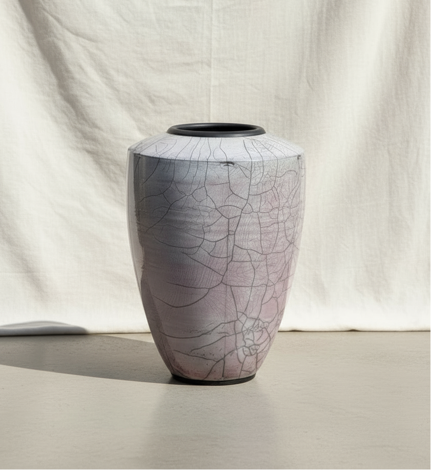 Raku pottery large handcrafted vase featuring a stunning crackle glaze finish and artist signature, a creative statement piece for home interiors — Hommes and Gardens, Pots + Vessels Collection, Decorative Collection, Landscape Architect, Interior Designer, Outdoor Living, Outdoor Decorations, Home Design, Luxury Design, Art, Furniture, Objects, Best Gifts, Nature, Backyard, Yard.