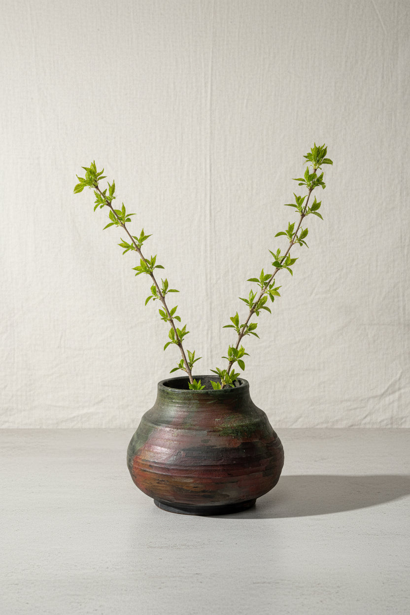 Raku Vintage Hand Crafted Ceramic Vase Signed Billie Goldman with green sprigs, showcasing vibrant colors and unique design, hommes + gardens estudio.