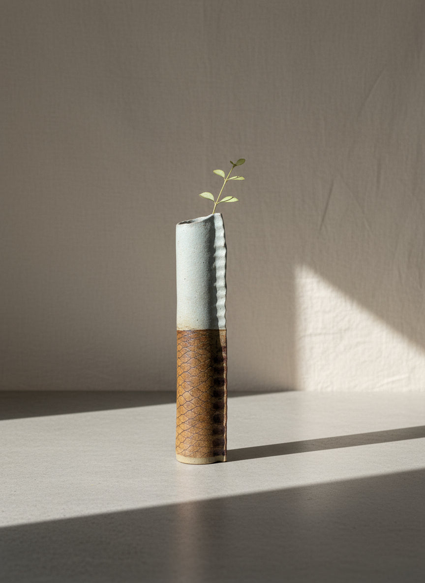 Rare 1970s Bosigo Studio tall pinched pottery vase from Lesotho, South Africa, featuring dual-textured gray and brown surfaces with organic modernist form and handcrafted detailing — Hommes and Gardens, Pots + Vessels Collection, Home Decor, Landscape Architect, Interior Designer, Outdoor Living, Outdoor Decorations, Home Design, Luxury Design, Art, Furniture, Objects, Best Gifts, Nature, Backyard, Yard.