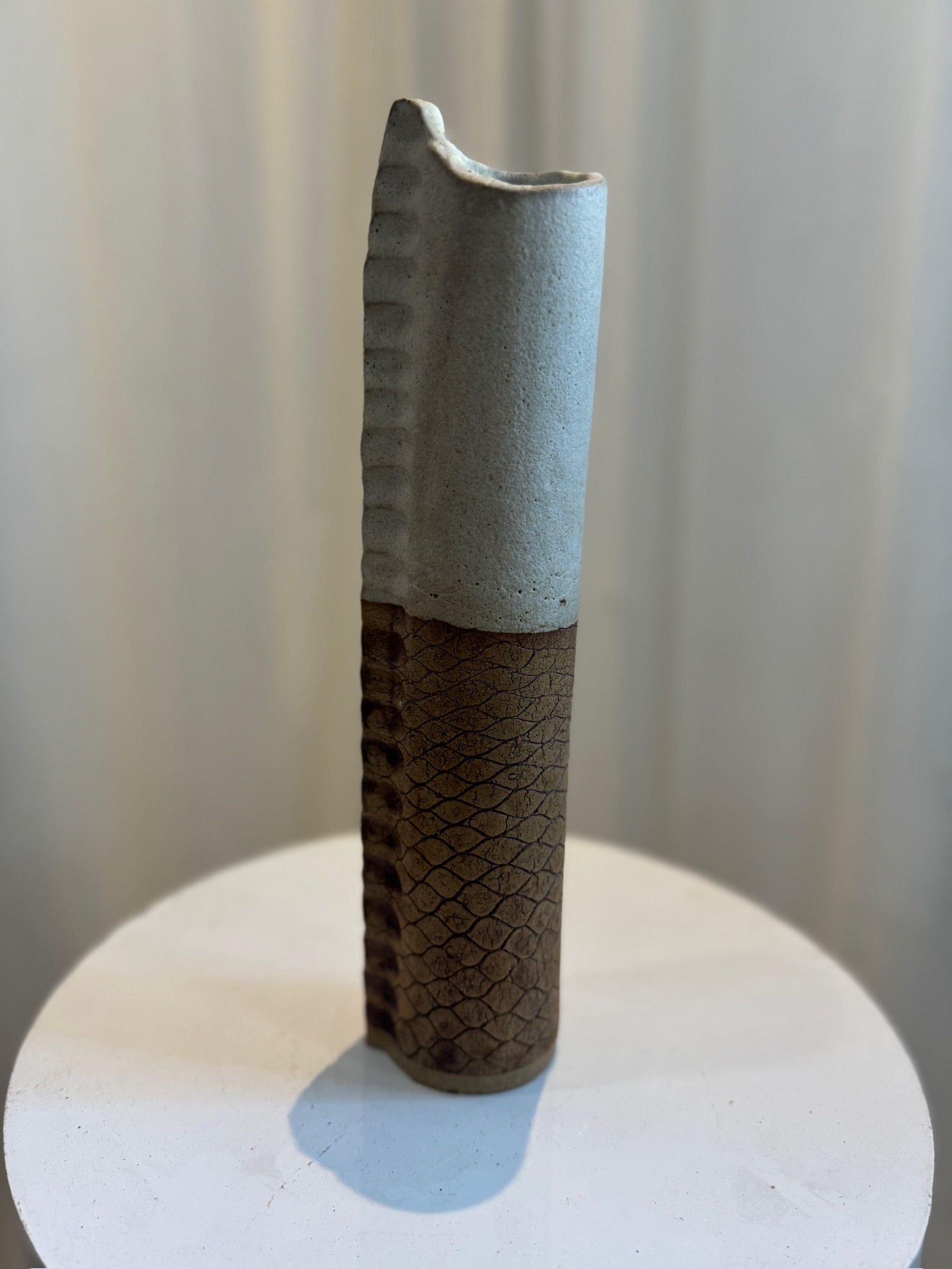 Rare 1970s Bosigo Studio tall pinched pottery vase from Lesotho, South Africa, handcrafted with dual-textured surface and organic modernist form — Hommes and Gardens, Vases + Vessels Collection, Landscape Architect, Interior Designer, Outdoor Living, Art, Furniture, Objects, Best Gifts, Nature, Backyard, Yard, Outdoor Decorations, Home Decor, Home Design, Luxury Design.