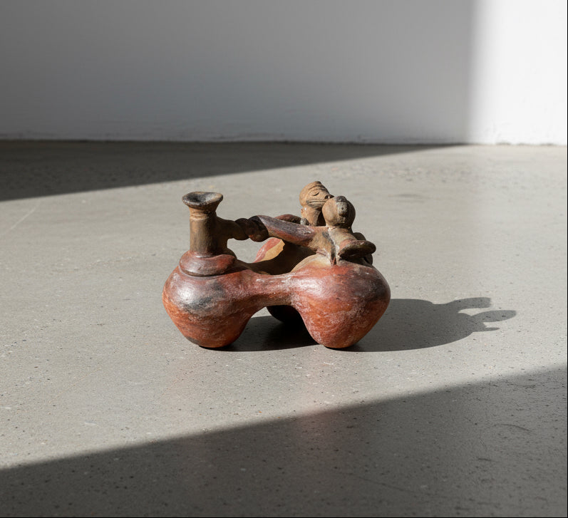 Rare Pre Columbian Terracotta Chimu Vessel Pottery featuring unique ancient artistry. hommes + gardens estudio.