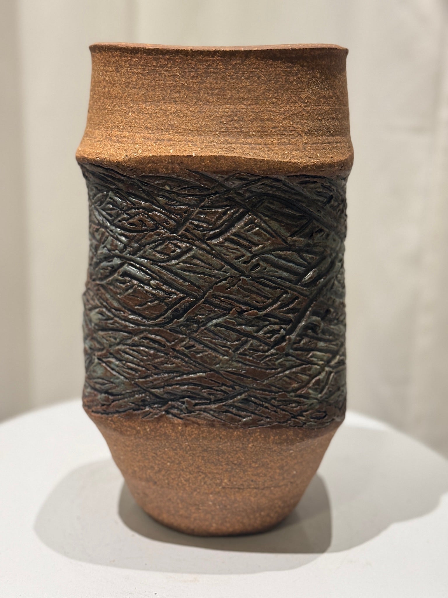 Rare Mid-Century Modern Raul Coronel Studio Pottery Vase, Signed & Dated 1963 with sculptural designs and textures, hommes + gardens estudio.