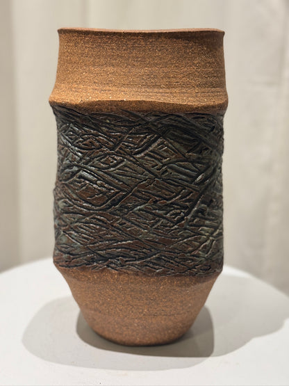 Mid-century modern Raul Coronel studio pottery vase featuring intricate incised texture with deep brown and green-black glaze contrast — Hommes and Gardens, Home Decor Collection, Antiques & Collectibles, Decorative Objects, Vases, landscape design, plant design, Landscape Architect, Interior Designer, Outdoor Living, Outdoor Decorations, Home Design, Luxury Design, Art, Furniture, Objects, Best Gifts, Nature, Backyard, Yard.