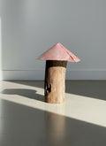 Rustic Handmade Mushroom Sculpture – Weathered Log Stem with Red Metal Cap, showcasing natural wood textures and aged metal details. hommes + gardens estudio.