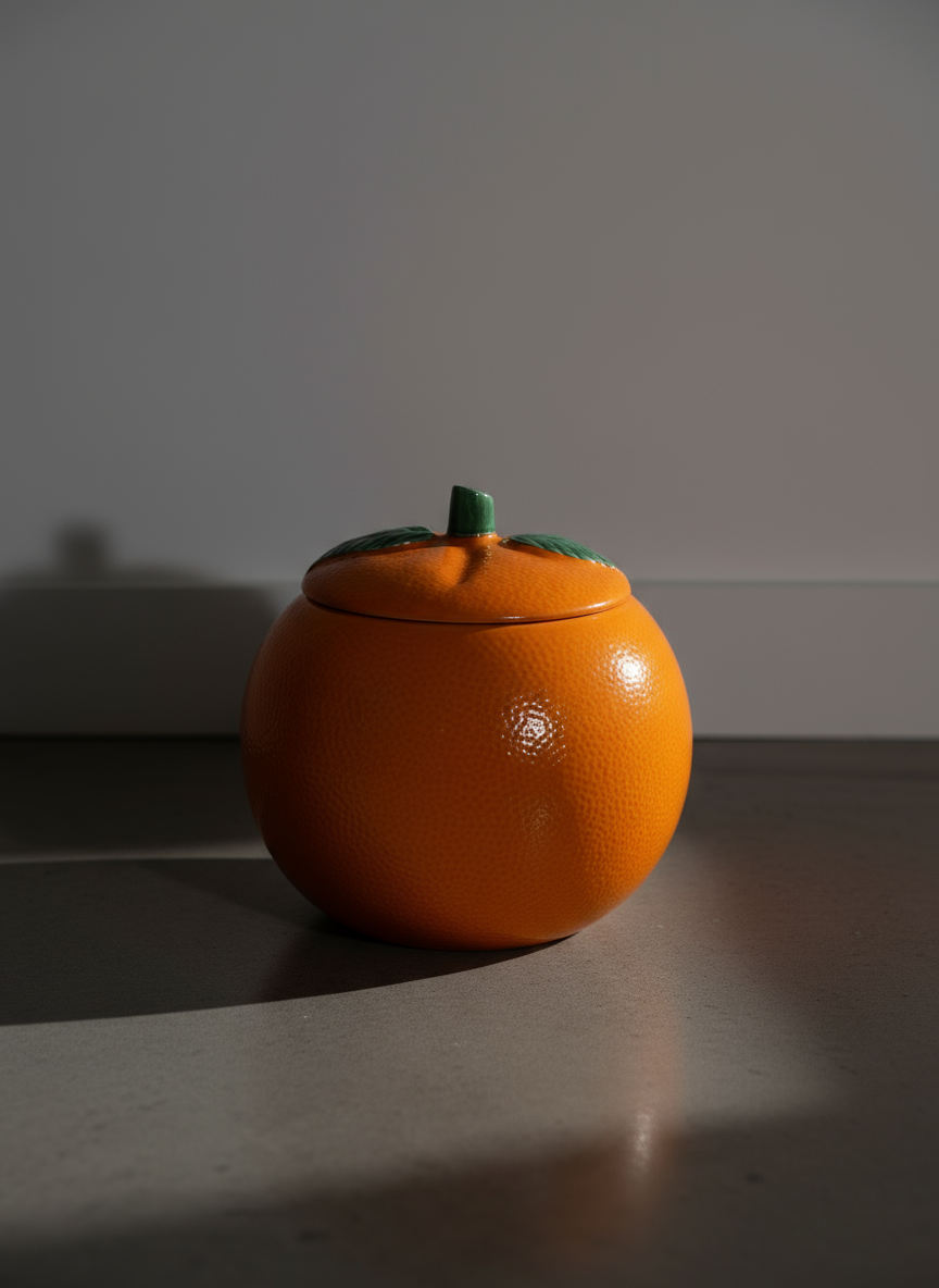 Retro Orange-Shaped Cookie Jar - Vintage Kitsch with vibrant orange color and green leaf lid, perfect for vintage decor. hommes + gardens estudio.