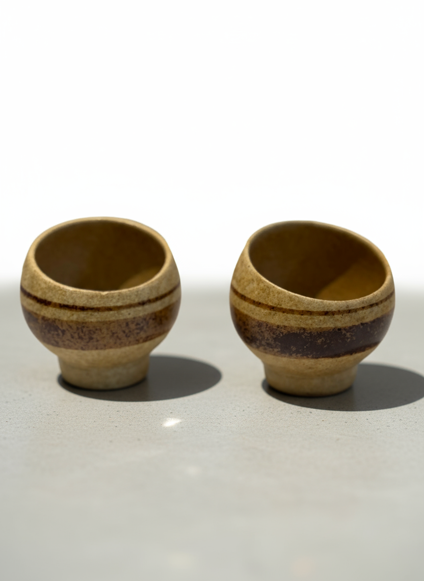 Robert Maxwell studio pottery cup set featuring wheel-thrown stoneware design with beige matte glaze and brown bands, a mid-century modern handcrafted ceramic collectible — Hommes and Gardens, Decorative Collection, Home Decor, Landscape Architect, Interior Designer, Outdoor Living, Outdoor Decorations, Home Design, Luxury Design, Art, Furniture, Objects, Best Gifts, Nature, Backyard, Yard.