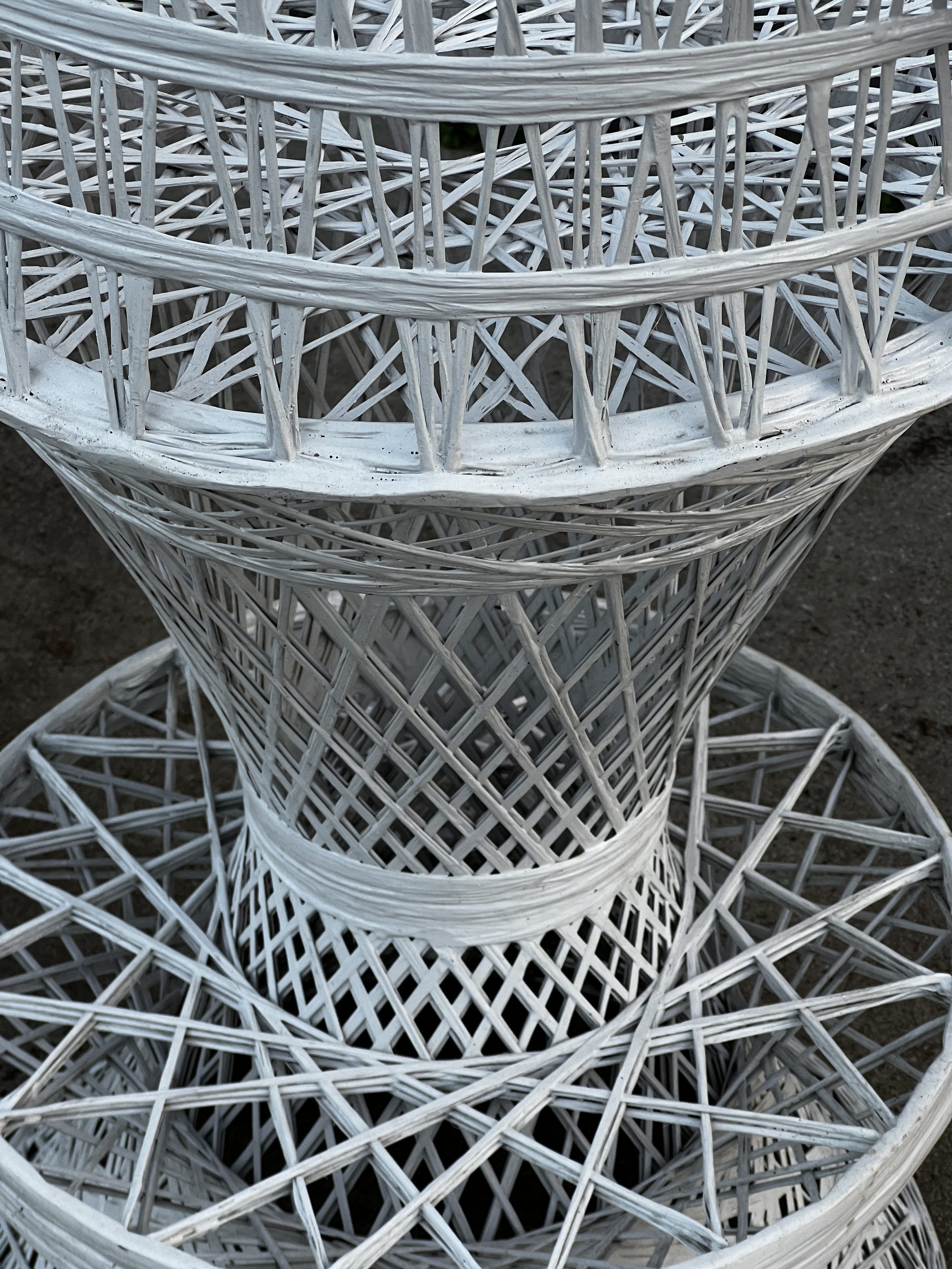 Pair of Russell Woodard Spun Fiberglass Bar Stools showcasing intricate white woven design and elegant craftsmanship, hommes + gardens estudio.