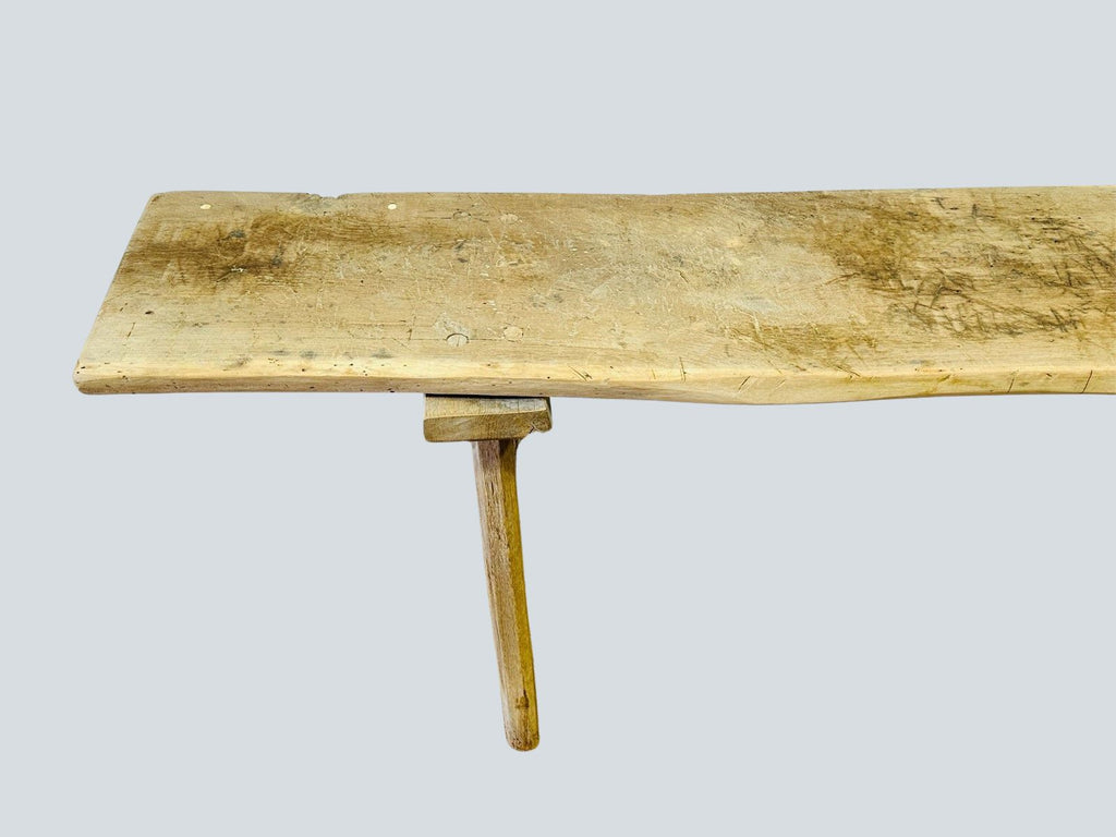 Rustic antique European wooden butcher’s bench with bleached finish, primitive three-legged construction, and naturally aged patina, perfect as console or accent table — Hommes and Gardens, Furniture Collection, Landscape Architect, Interior Designer, Outdoor Living, Art, Furniture, Objects, Best Gifts, Nature, Backyard, Yard, Outdoor Decorations, Home Decor, Home Design, Luxury Design.